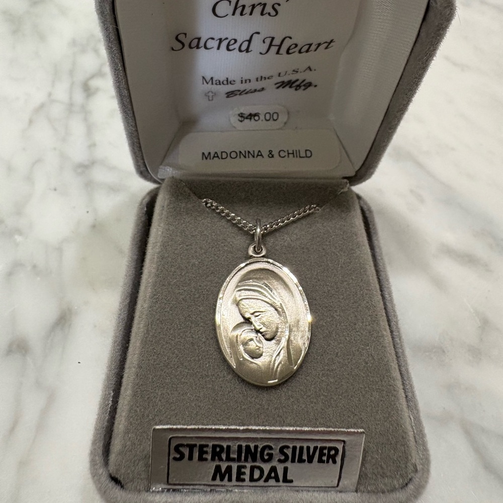 Sterling Silver Chris’ Heart of Jesus Madonna & Child Necklace - New in Box